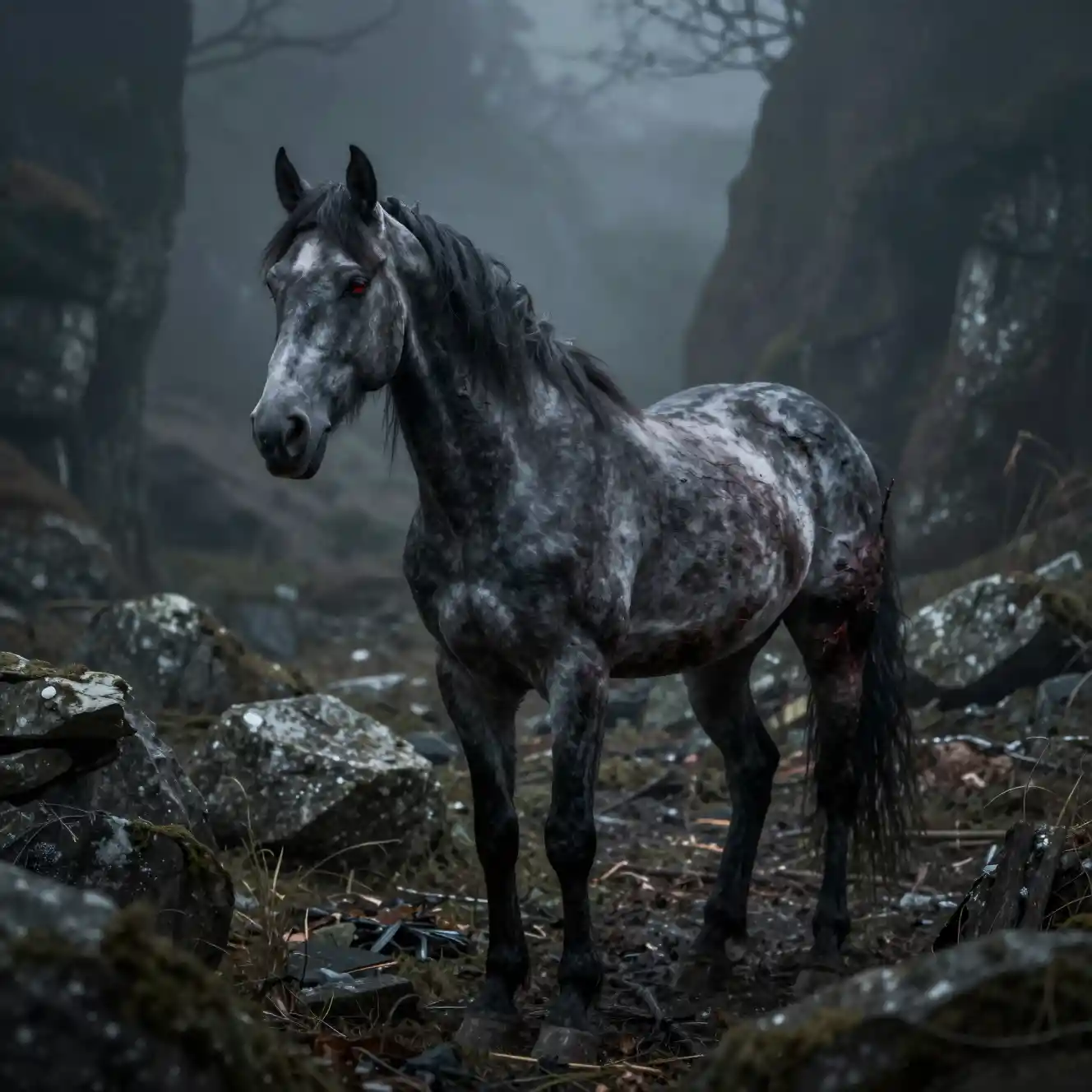 Ein verwesendes graues Pferd trabt durch ein steinernes Tal im dichten Nebel