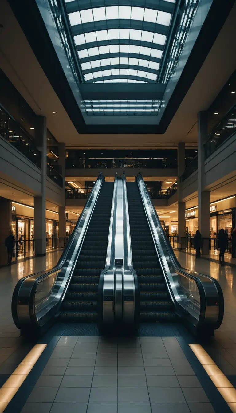 An empty shopping mall atrium with an escalator rising into shadow