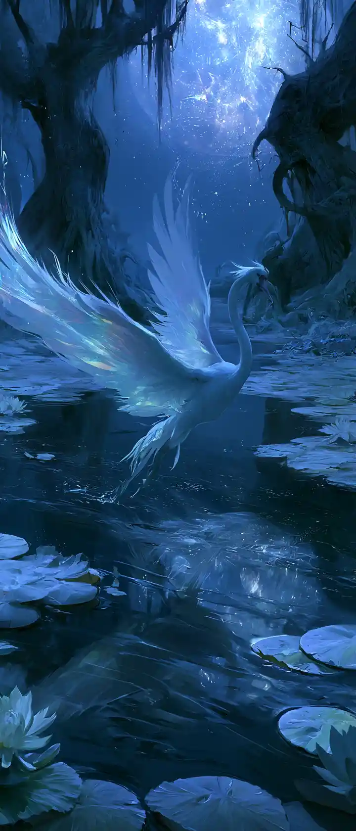 Una creatura simile a un cigno salta sopra un lago illuminato dalla luna, sotto le stelle