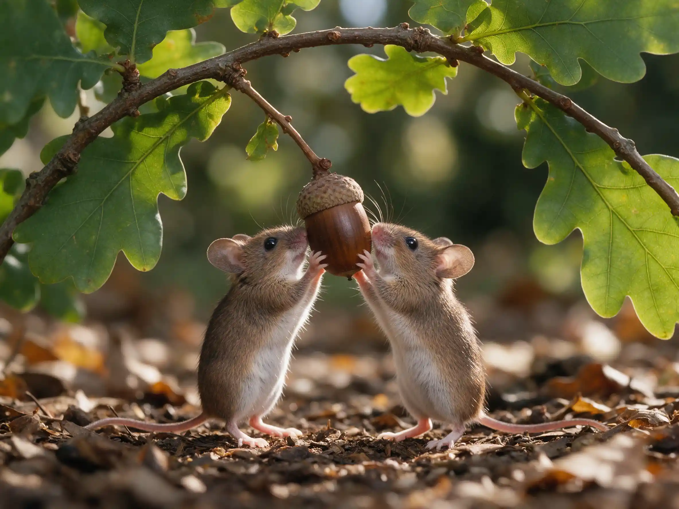 Dos ratones comparten bellotas bajo una rama de roble en el bosque