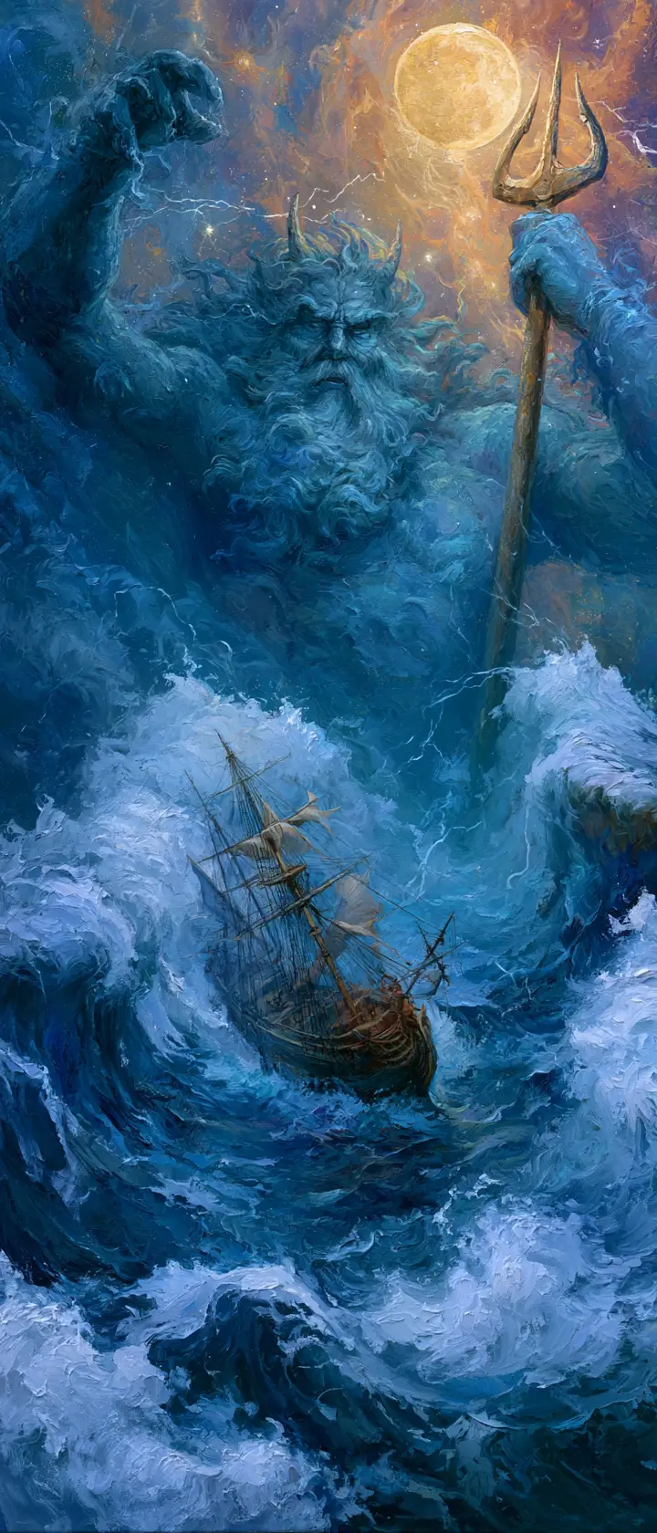 Poséidon domine un navire au milieu de gigantesques vagues déchaînées