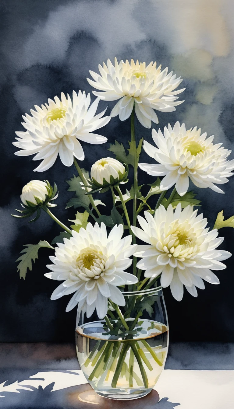 Chrysanthèmes blancs et vaisselle japonaise dans une délicate nature morte à l’aquarelle