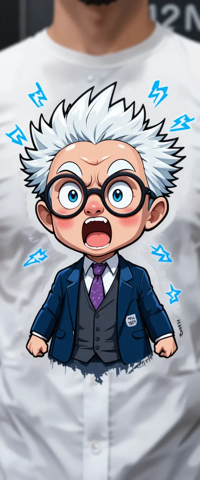 Un vieil homme chibi réagit avec surprise à un éclair bleu