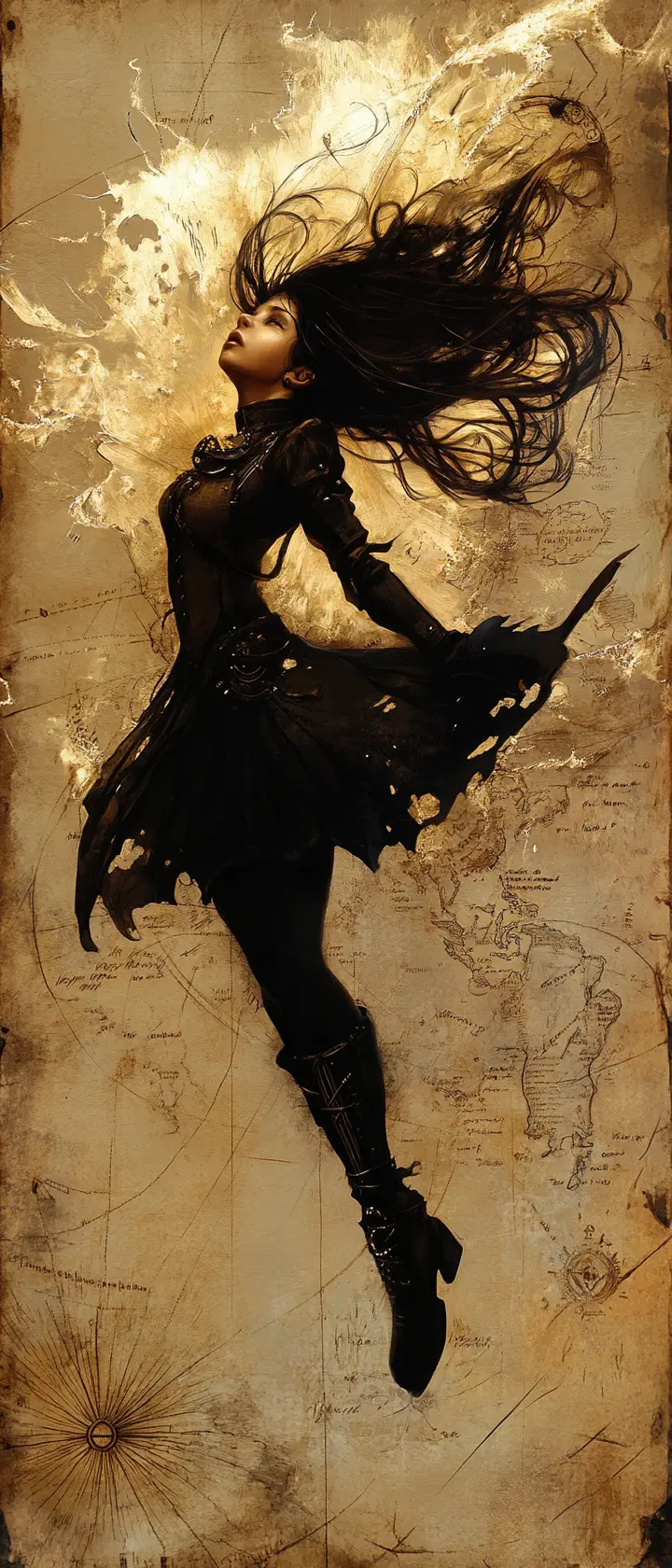 Une fille steampunk surgit d'une ancienne carte jaunie