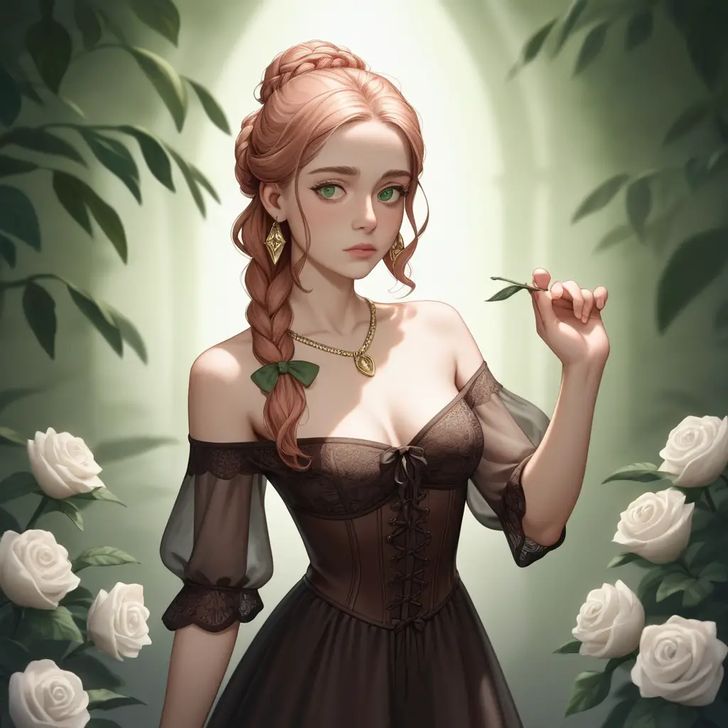 A young woman with braided hair among white roses