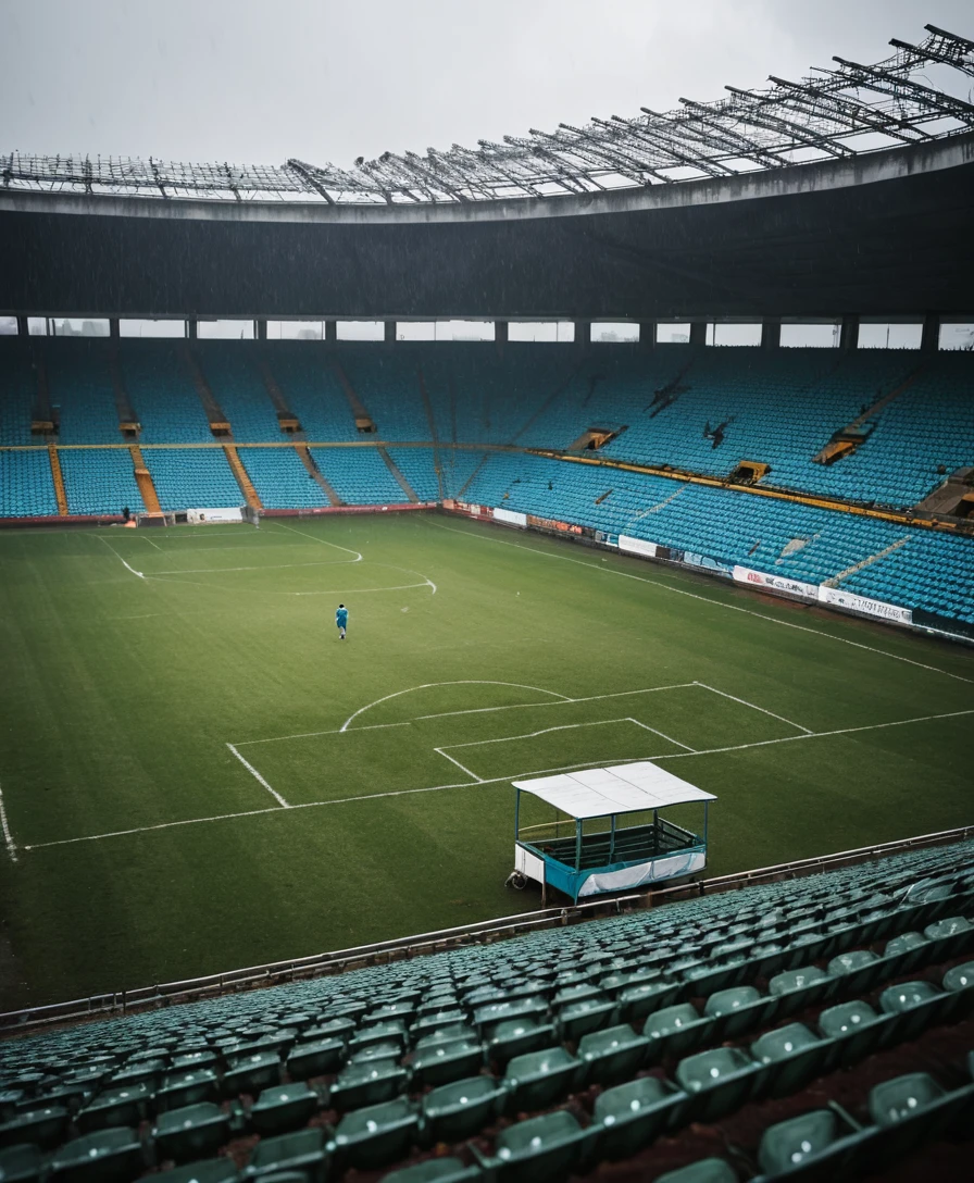 A lone spectator sits above an empty soccer pitch in heavy rain