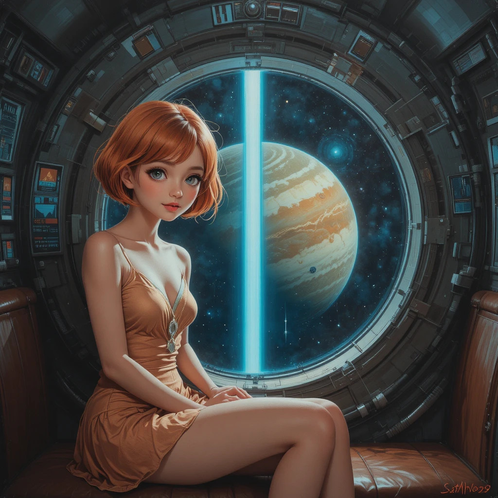 一名年輕女子坐在太空船艙內的光束下