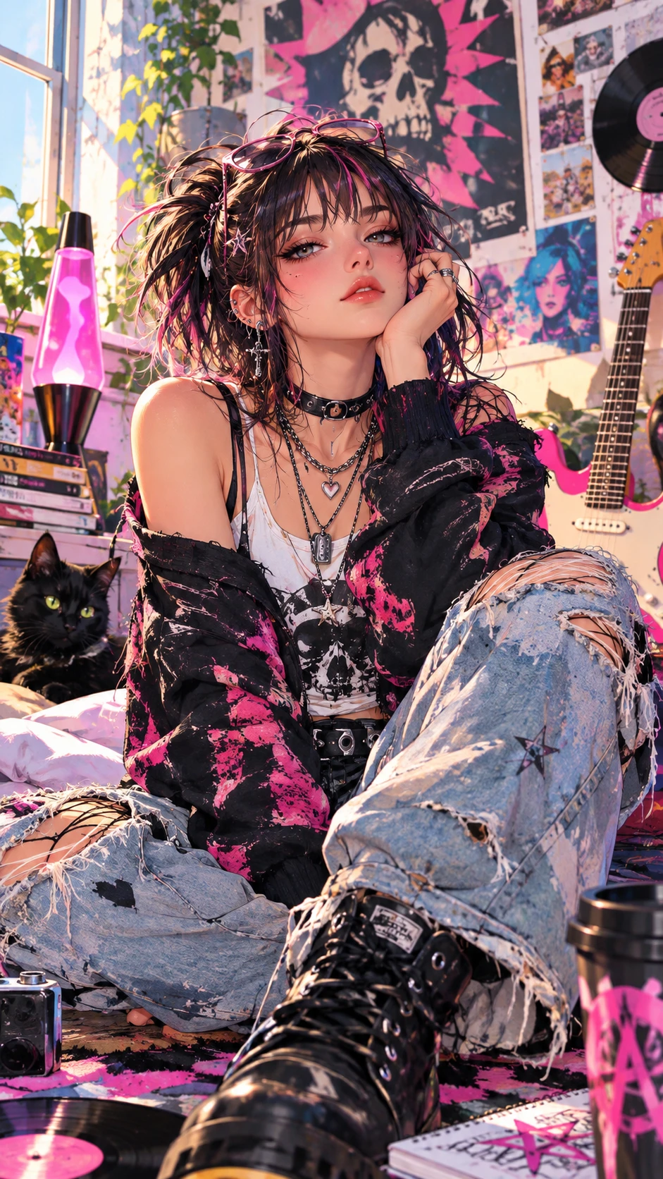 Arte de anime teatral con estética punk grunge y vibrantes colores pastel