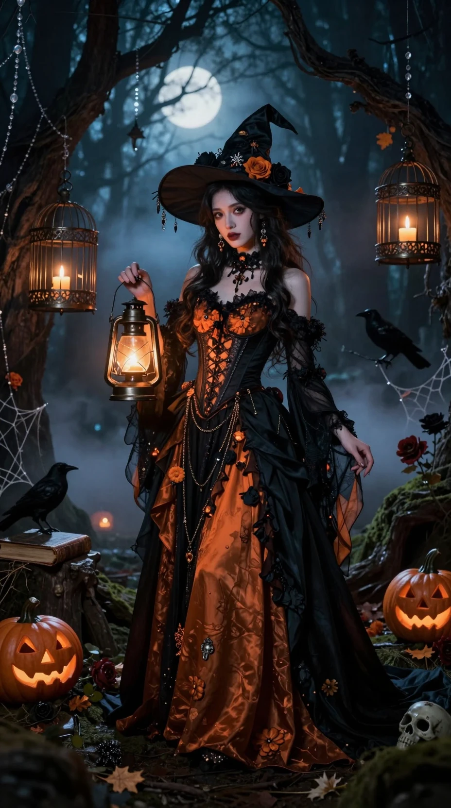 Une femme vêtue d’une robe de sorcière tient une lanterne dans une forêt au clair de lune