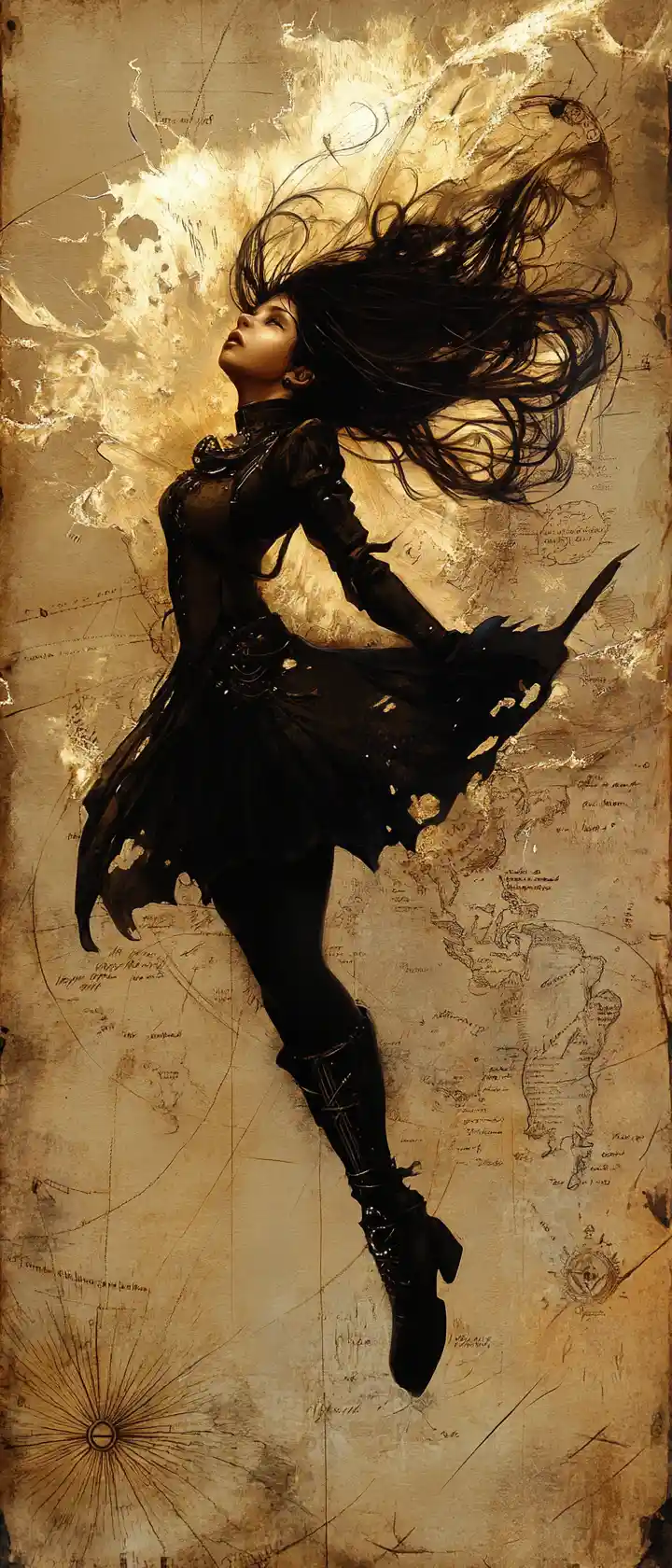 Una chica steampunk irrumpe desde un antiguo mapa amarillento