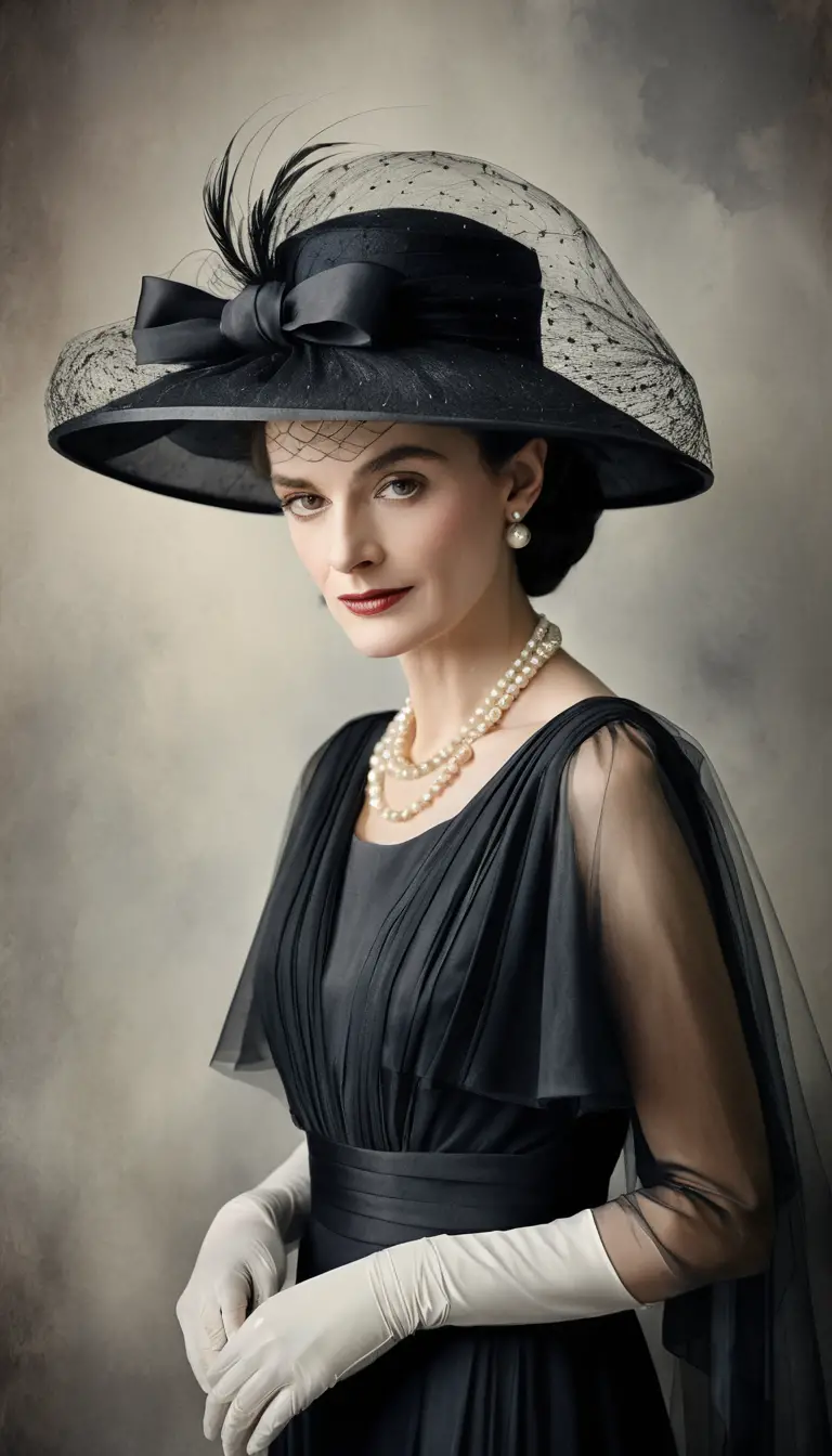 A monochrome portrait of Coco Chanel in pearls and a veiled hat