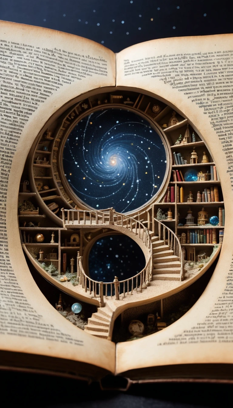 Un monde miniature avec un observatoire prend vie dans un immense livre ancien ouvert