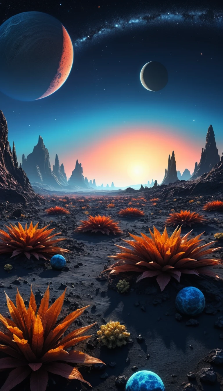 Seltsame Pflanzen wenden sich auf einem fremden Planeten einem blauen Sonnenaufgang zu