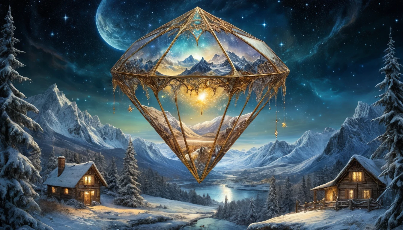 Uma paisagem invernal estrelada que jorra de um grande diamante dourado