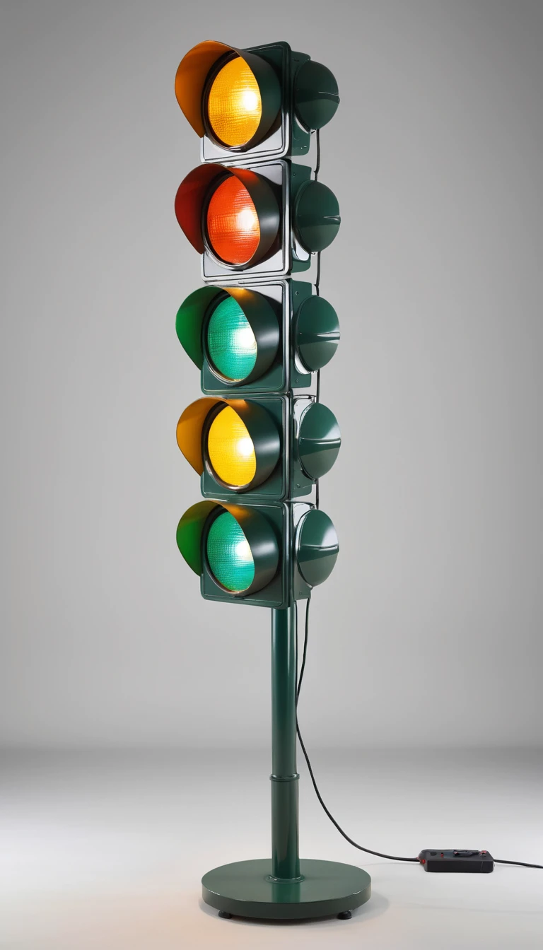 A traffic light inspired floor lamp with three colorful shades