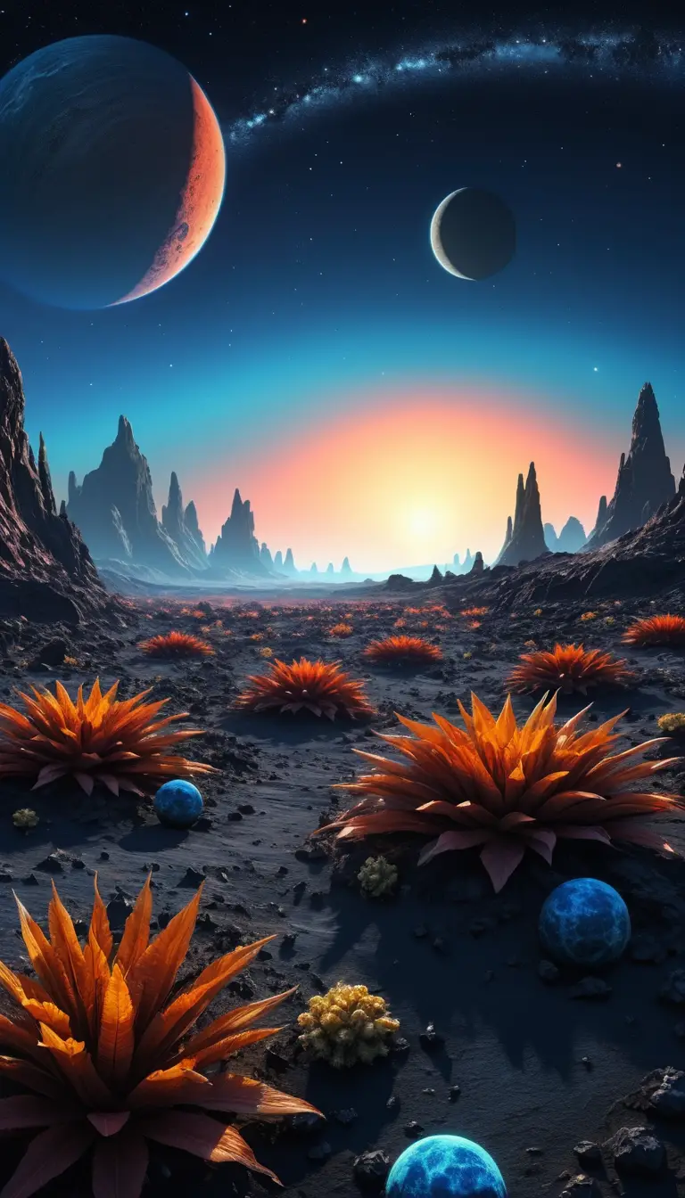 奇妙な植物が異星の惑星で青い日の出の方を向く