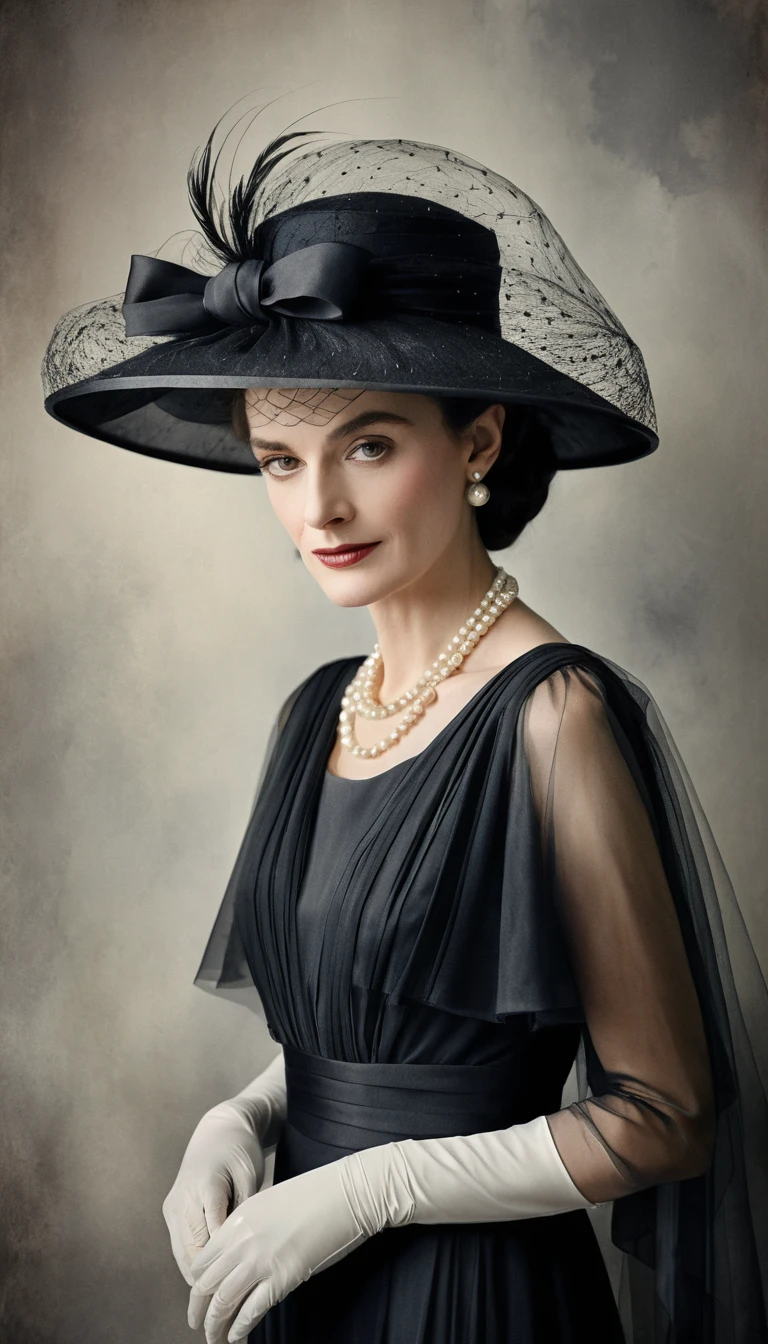 Un retrato monocromático de Coco Chanel con perlas y un sombrero con velo
