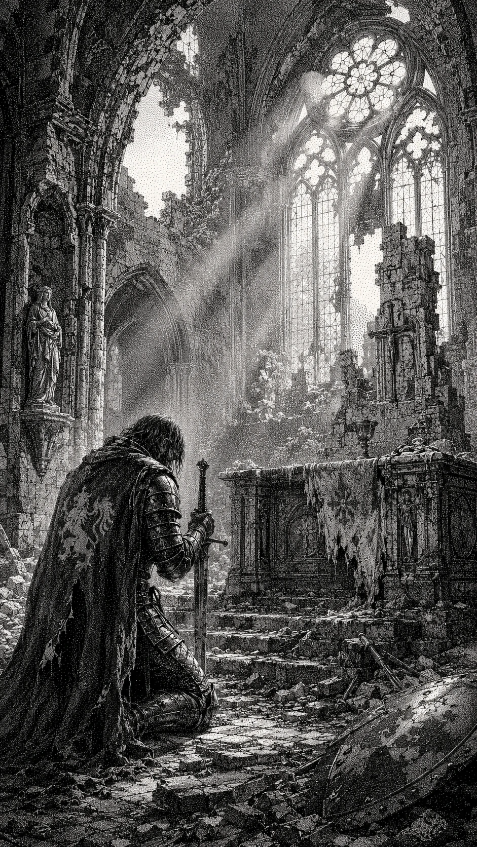 Um cavaleiro marcado pelo tempo ajoelha-se diante de um altar destruído nas ruínas de uma catedral