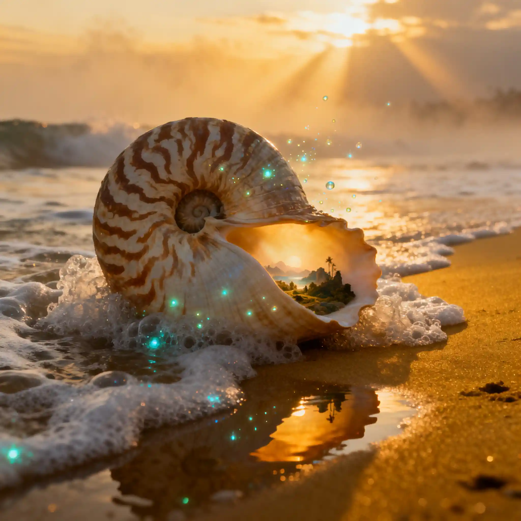 Un immense coquillage de nautile repose sur le sable au milieu de l'écume de mer