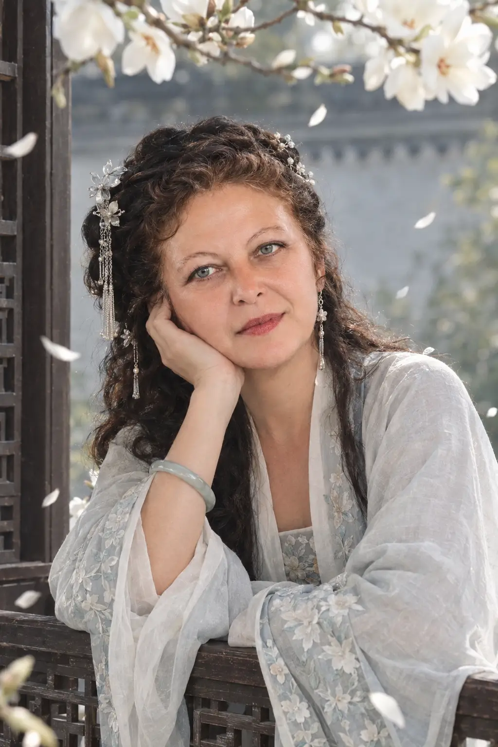 A woman in traditional Hanfu rests beside a carved wooden window