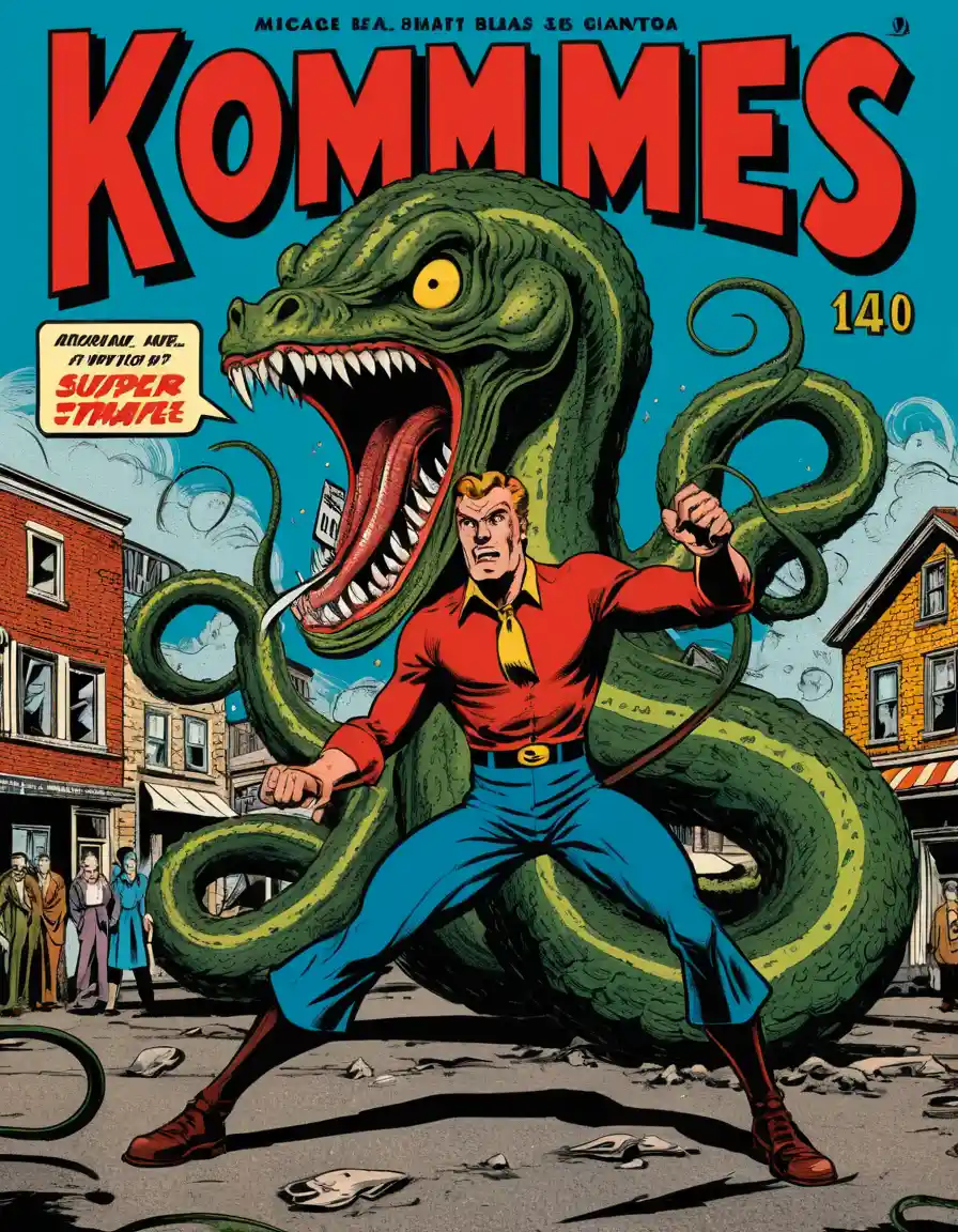 A supervillain battles a giant hydra on a small-town main street