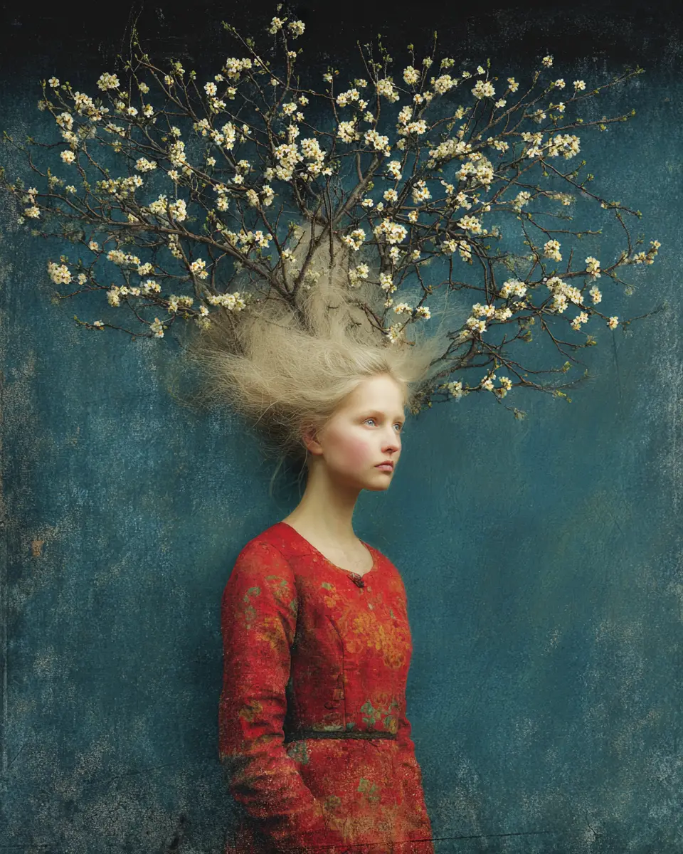 幻想的な絵画の中の金髪の少女と花咲く木