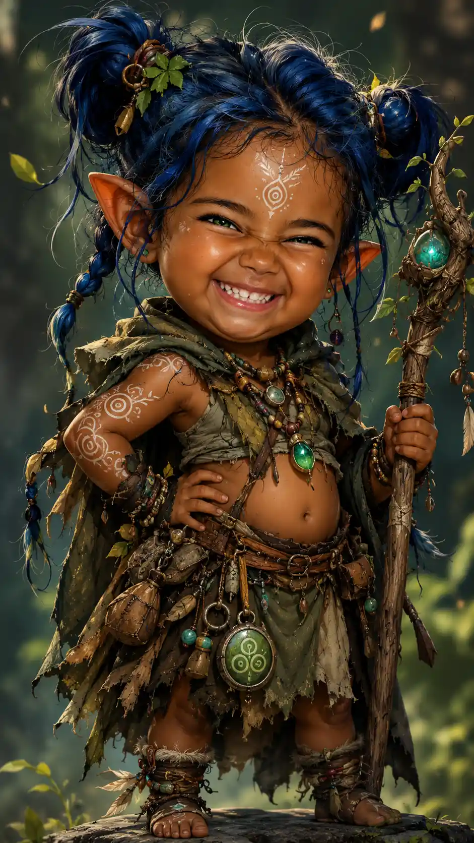 Uma druida elfa de cabelos azuis, olhos verde-esmeralda e pele morena