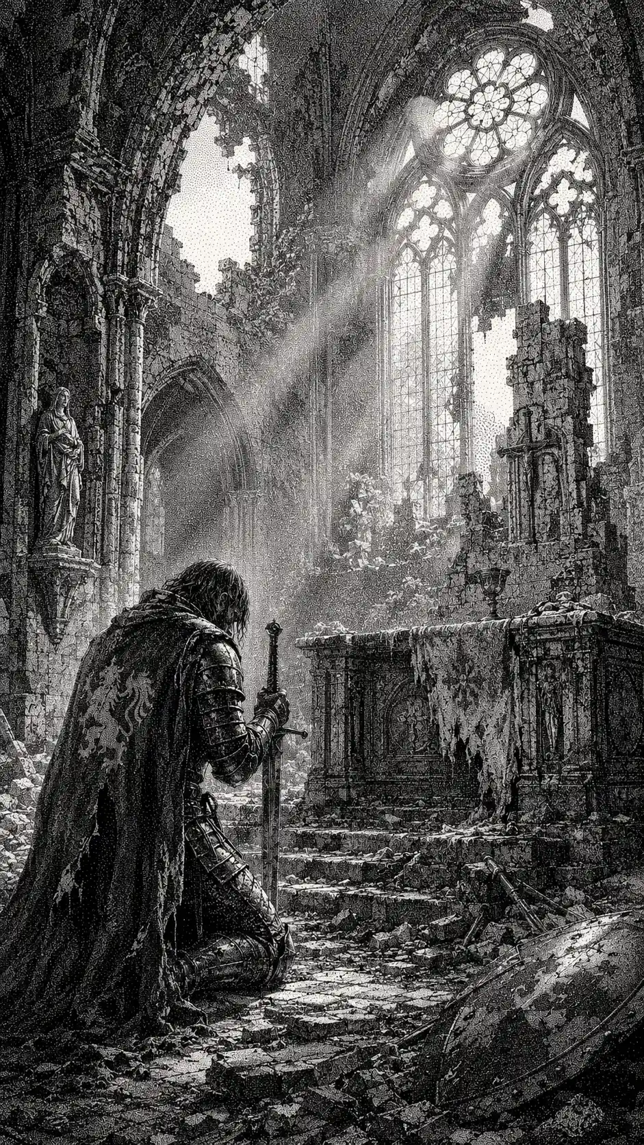 Ein vom Alter gezeichneter Ritter kniet vor einem zertrümmerten Altar in den Ruinen einer Kathedrale