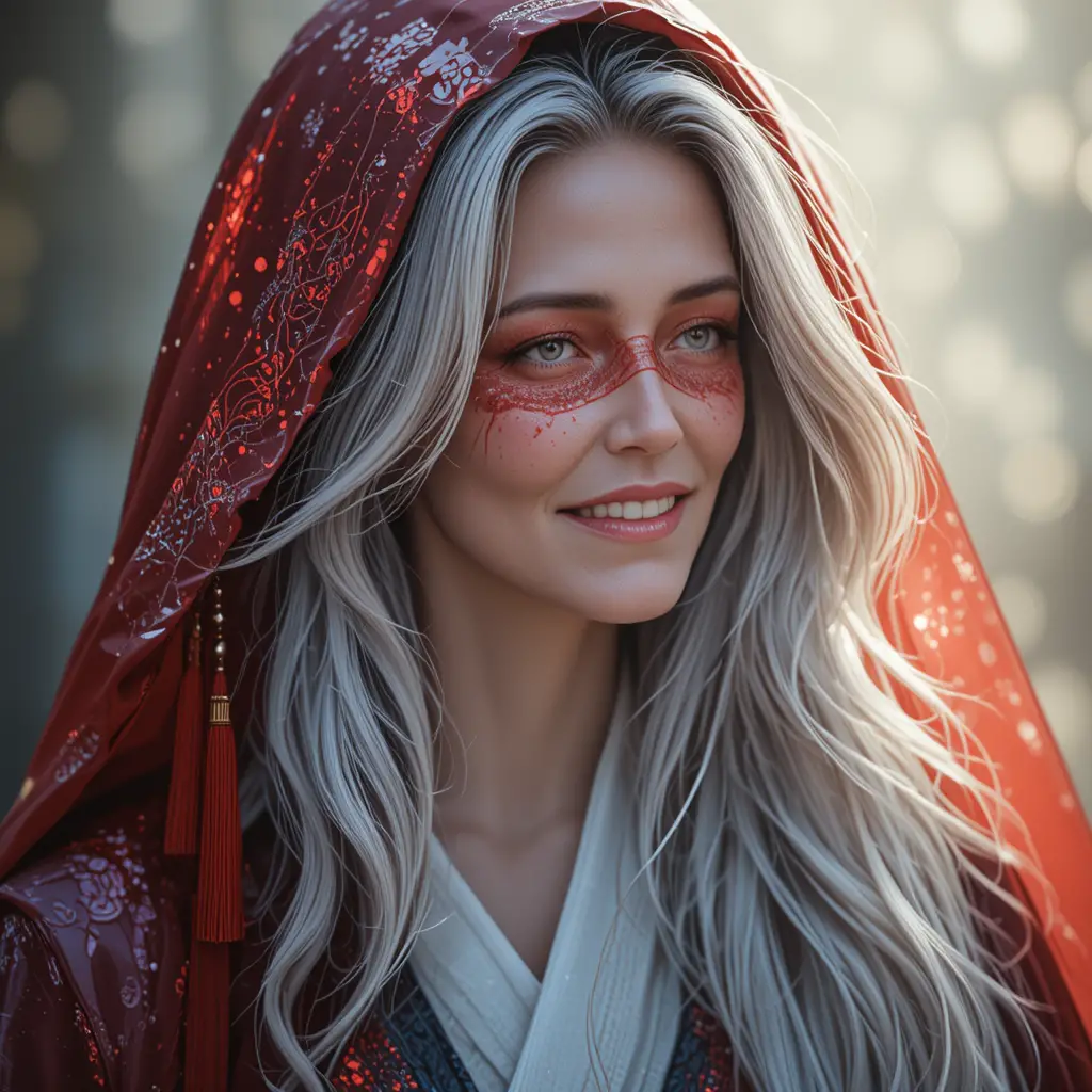 Androgyne Figur mit roter Augenbinde und Pailletten-Kapuze