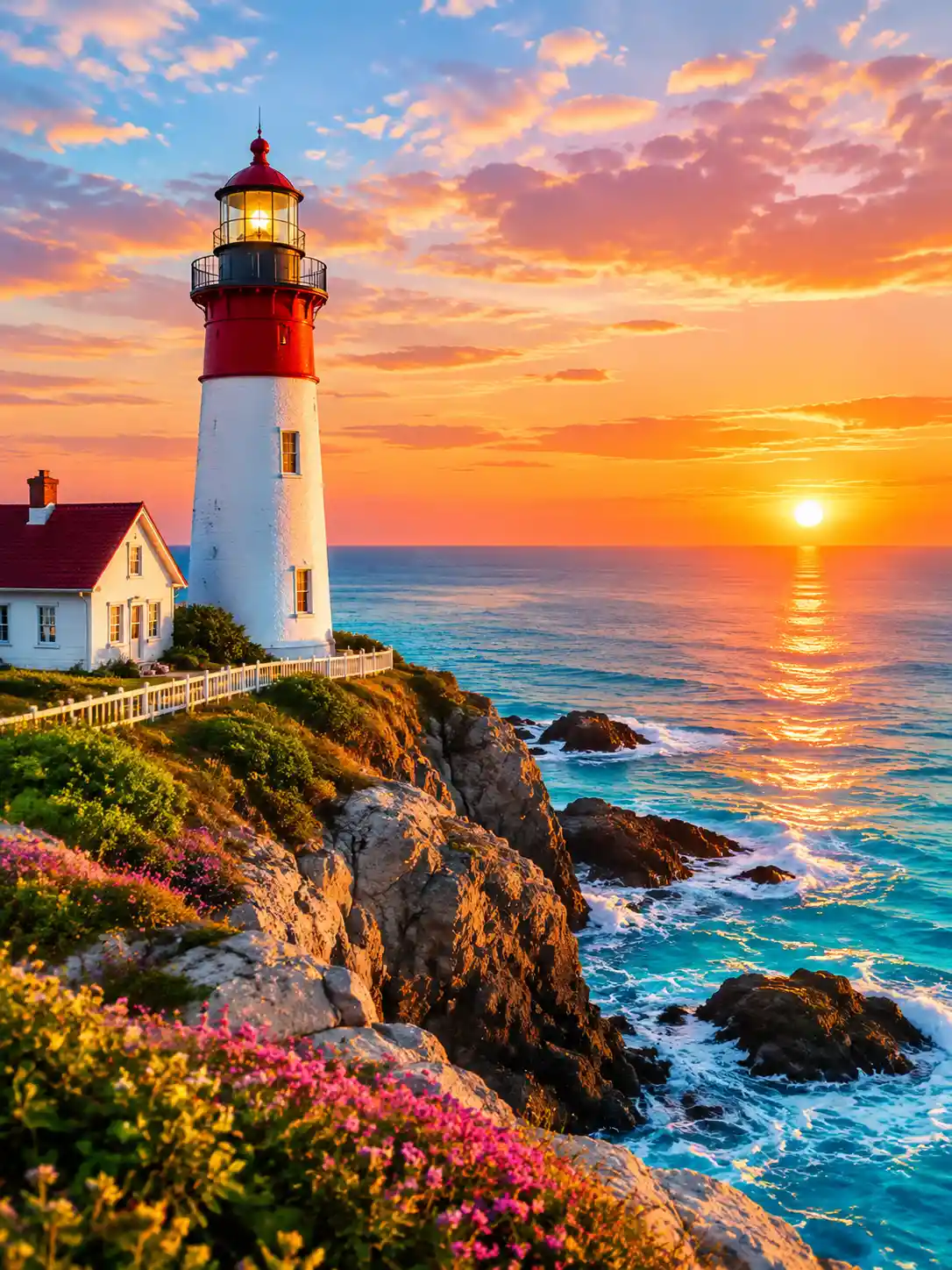 Un faro se alza junto a un mar en calma al amanecer