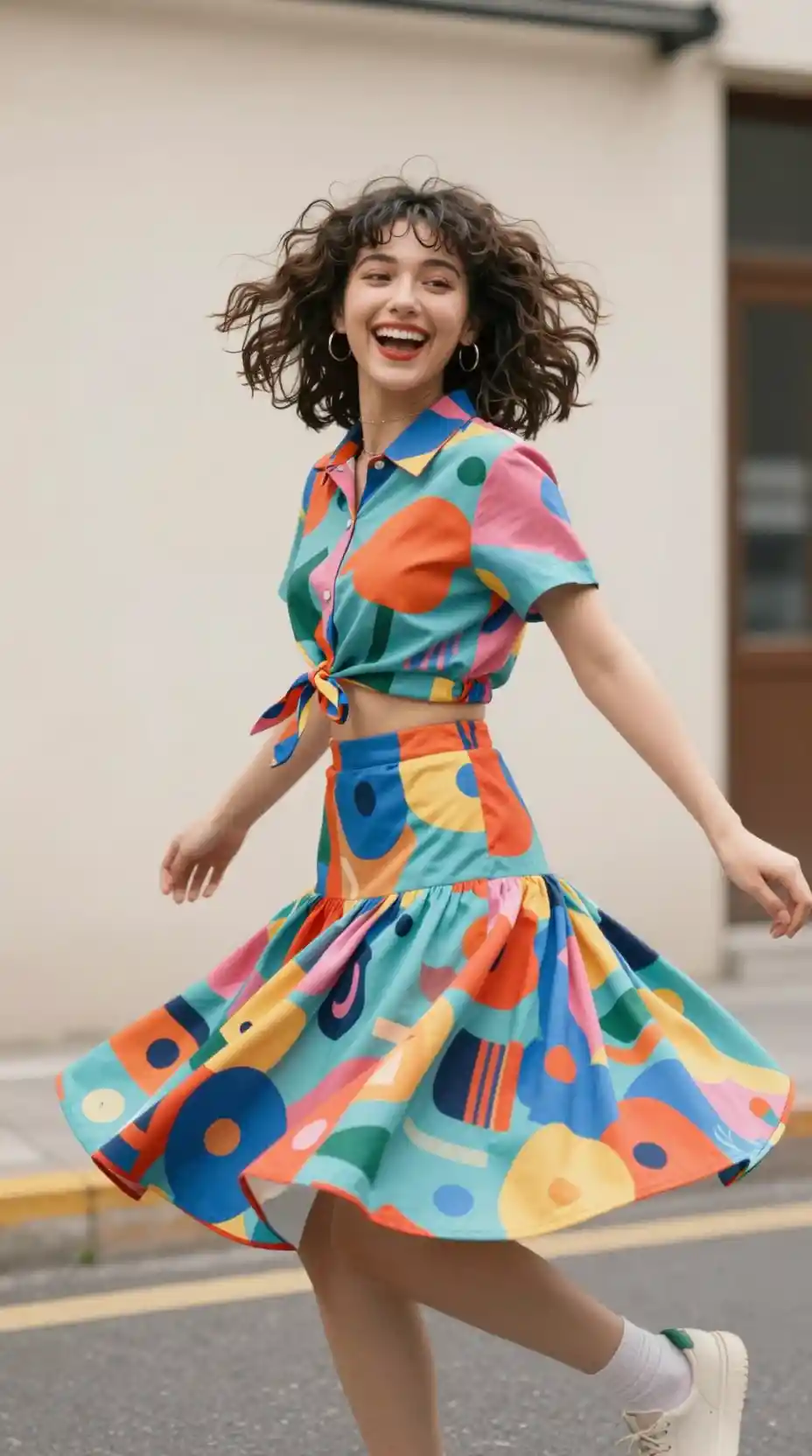 A Joyful Girl Twirls Her Flared Skirt In A Colorful Streetwear Look