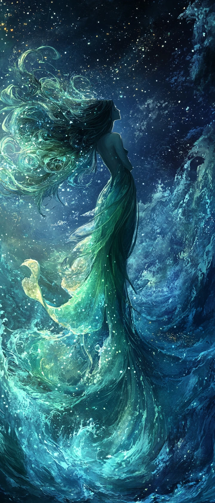 Uma sereia solitária contempla o abismo oceânico salpicado de estrelas
