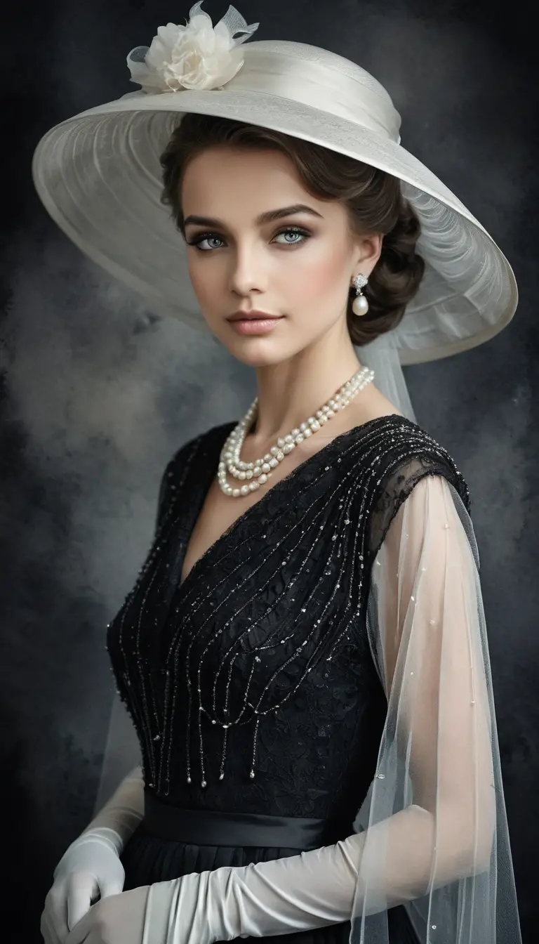 A Vintage Woman Poses in Pearls Beneath a Veiled Wide-Brimmed Hat