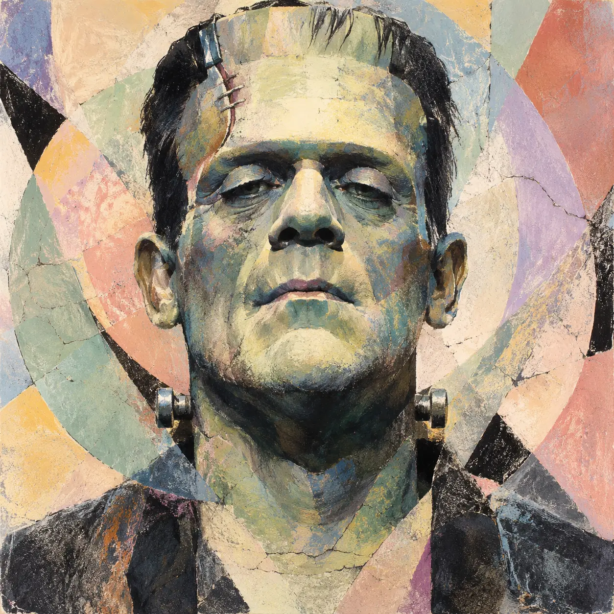 Portrait en buste de Frankenstein dans un champ abstrait de formes géométriques pastel