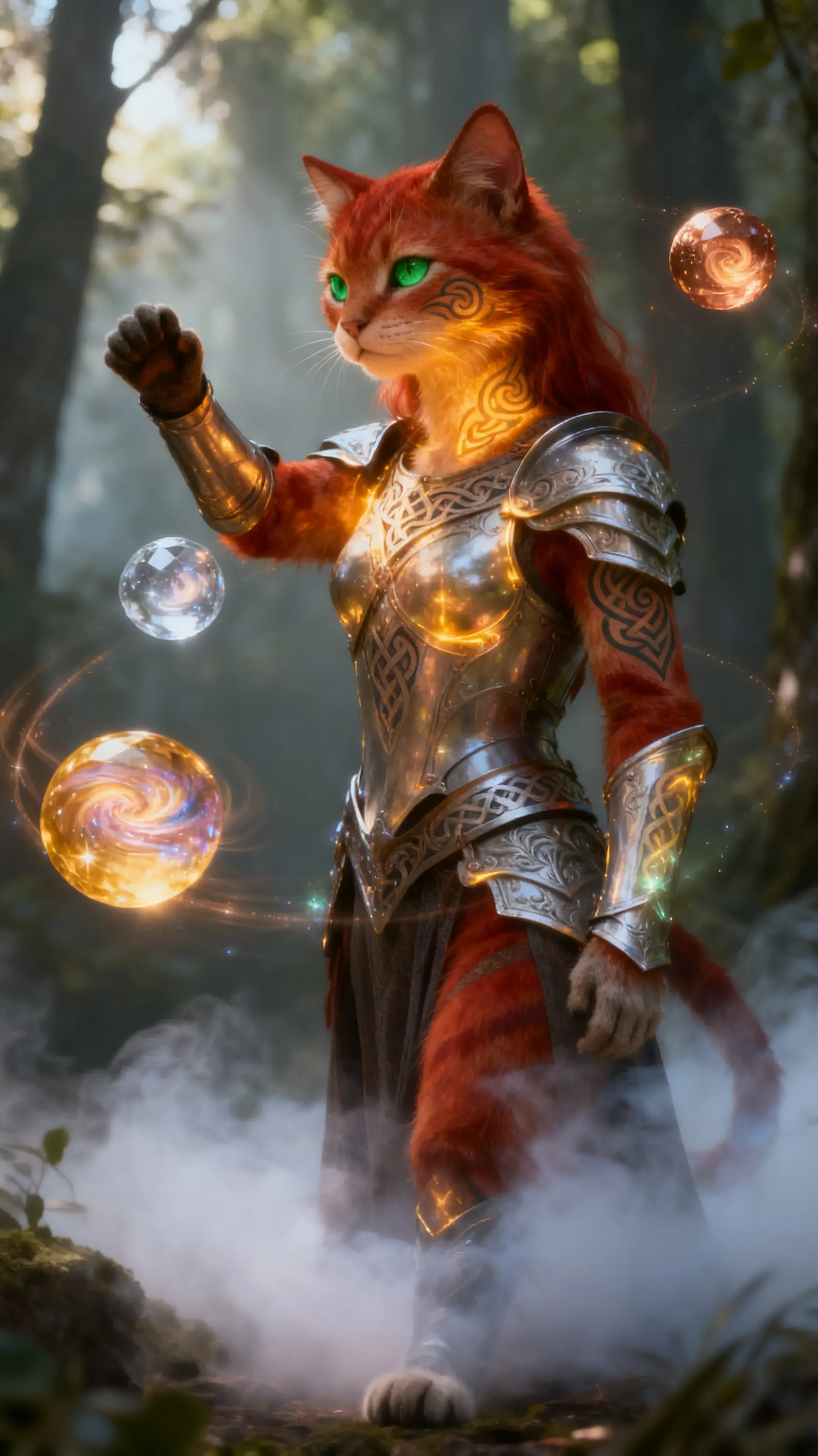 Une figure féline rousse maîtrise des sphères de cristal en orbite