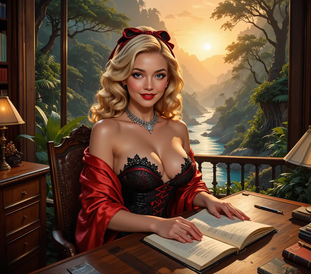 Une femme glamour en robe de chambre rouge assise à un bureau ancien