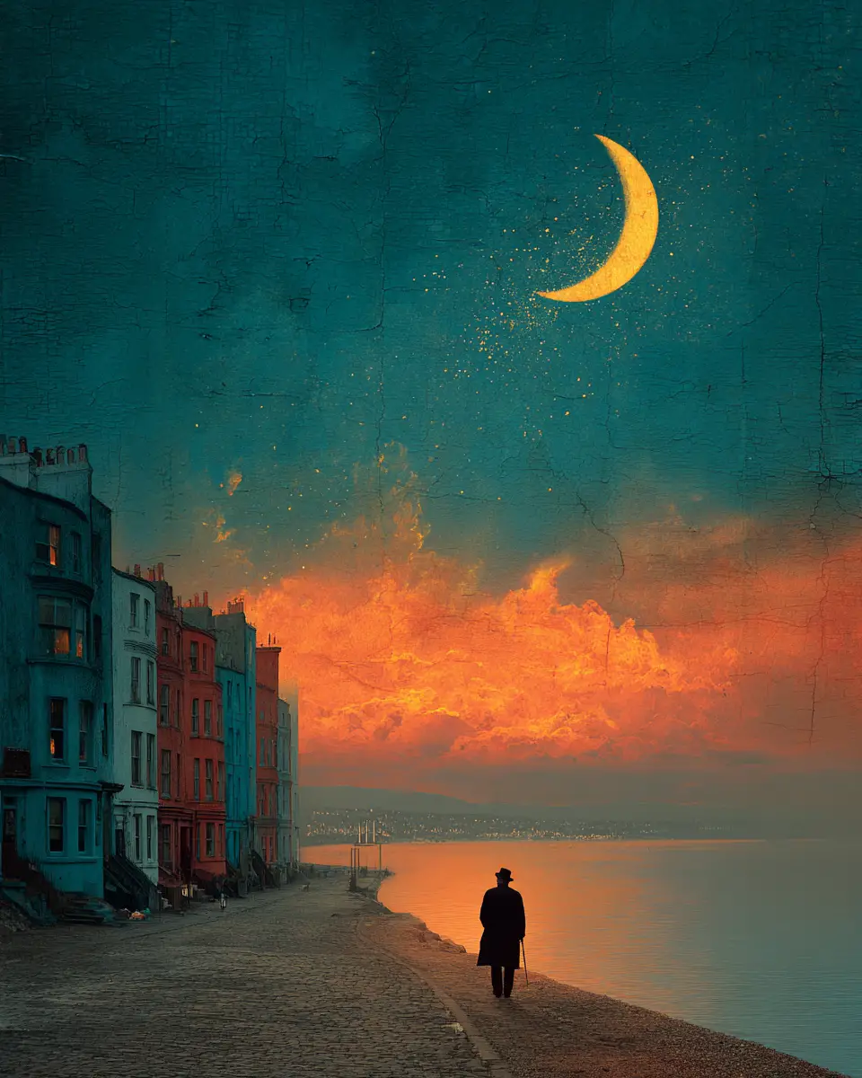 Une peinture à l’huile surréaliste et lugubre aux tons indigo et rouge orangé