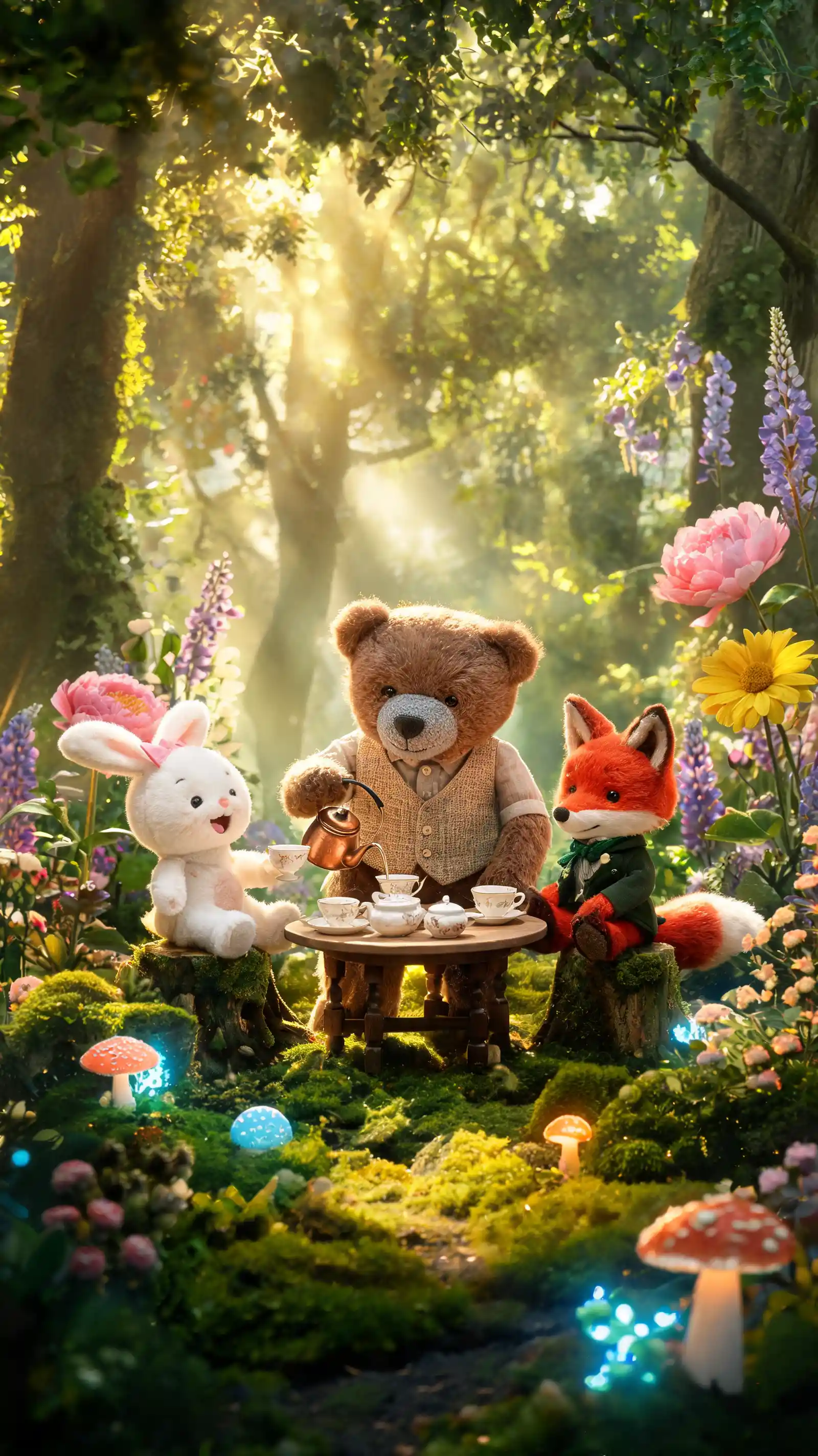 Des peluches organisent un goûter dans une forêt enchantée