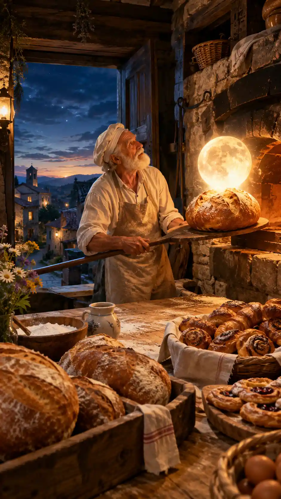 Un boulanger âgé sort un pain doré du four tandis que la lune se lève