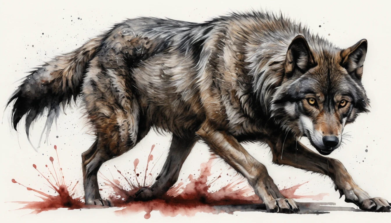 Um esboço de lobo a carvão se transforma em um retrato em aquarela ao tocar o tapete