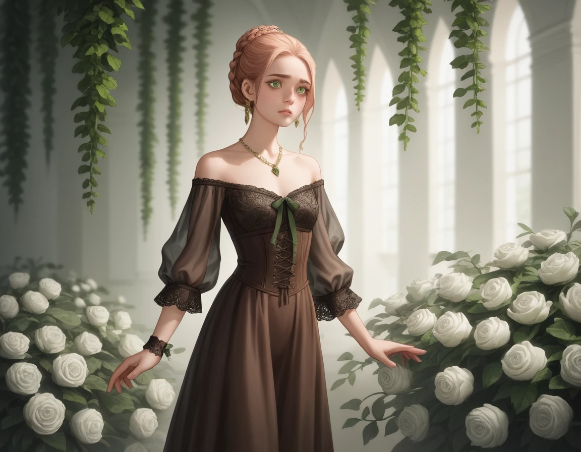 Uma jovem está entre rosas brancas com um vestido marfim esvoaçante