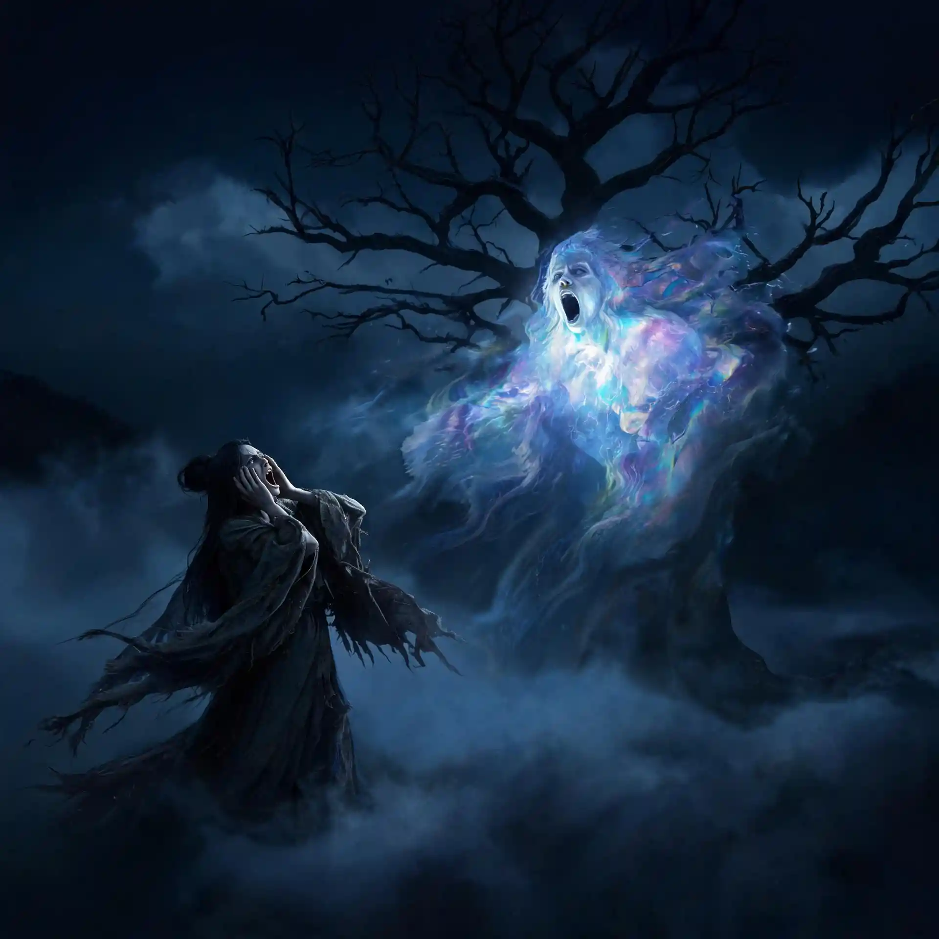 Une banshee hurlante émerge de la brume sous un arbre tortueux