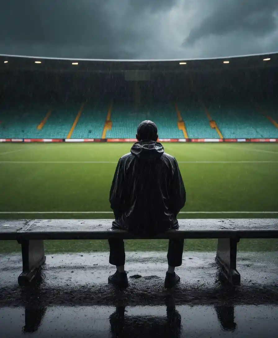 Una figura solitaria siede rannicchiata sotto la pioggia davanti a un campo da calcio vuoto