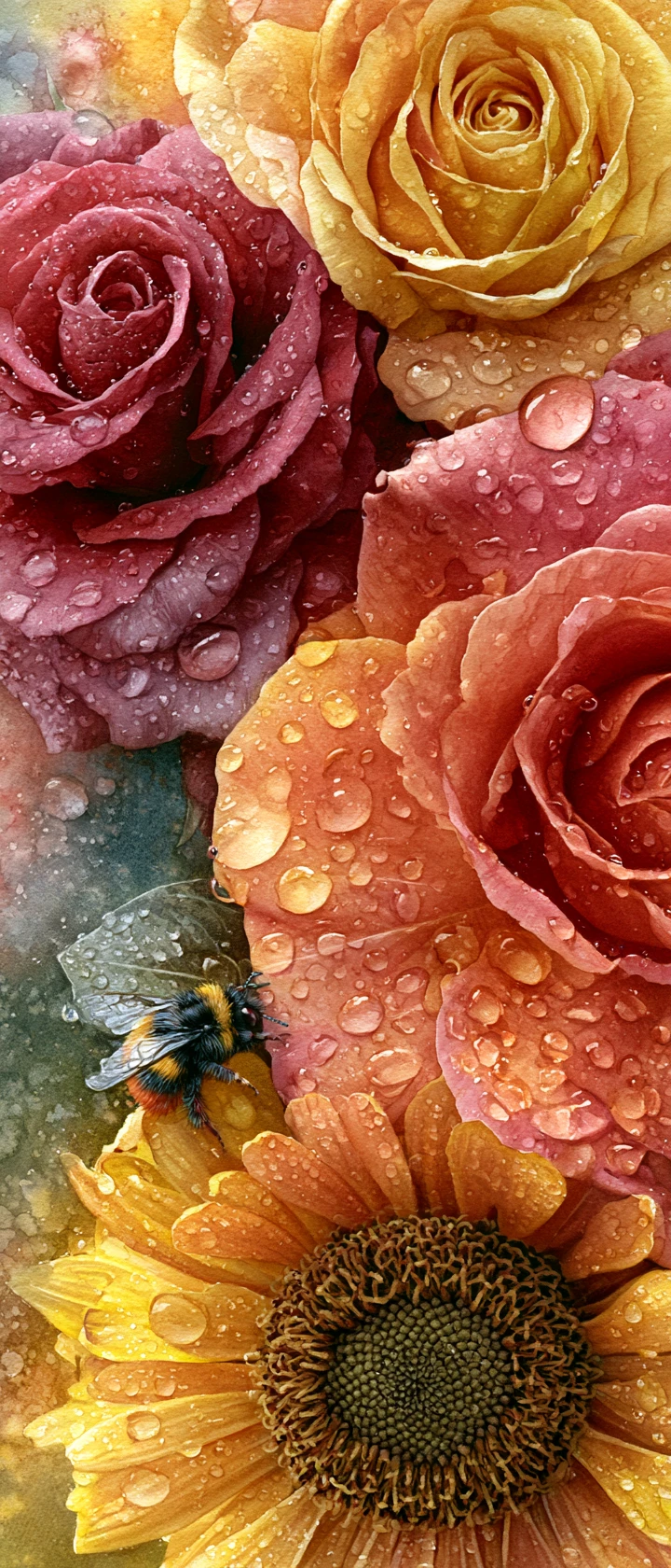 Un minuscule bourdon se promène dans un jardin aux fleurs colossales
