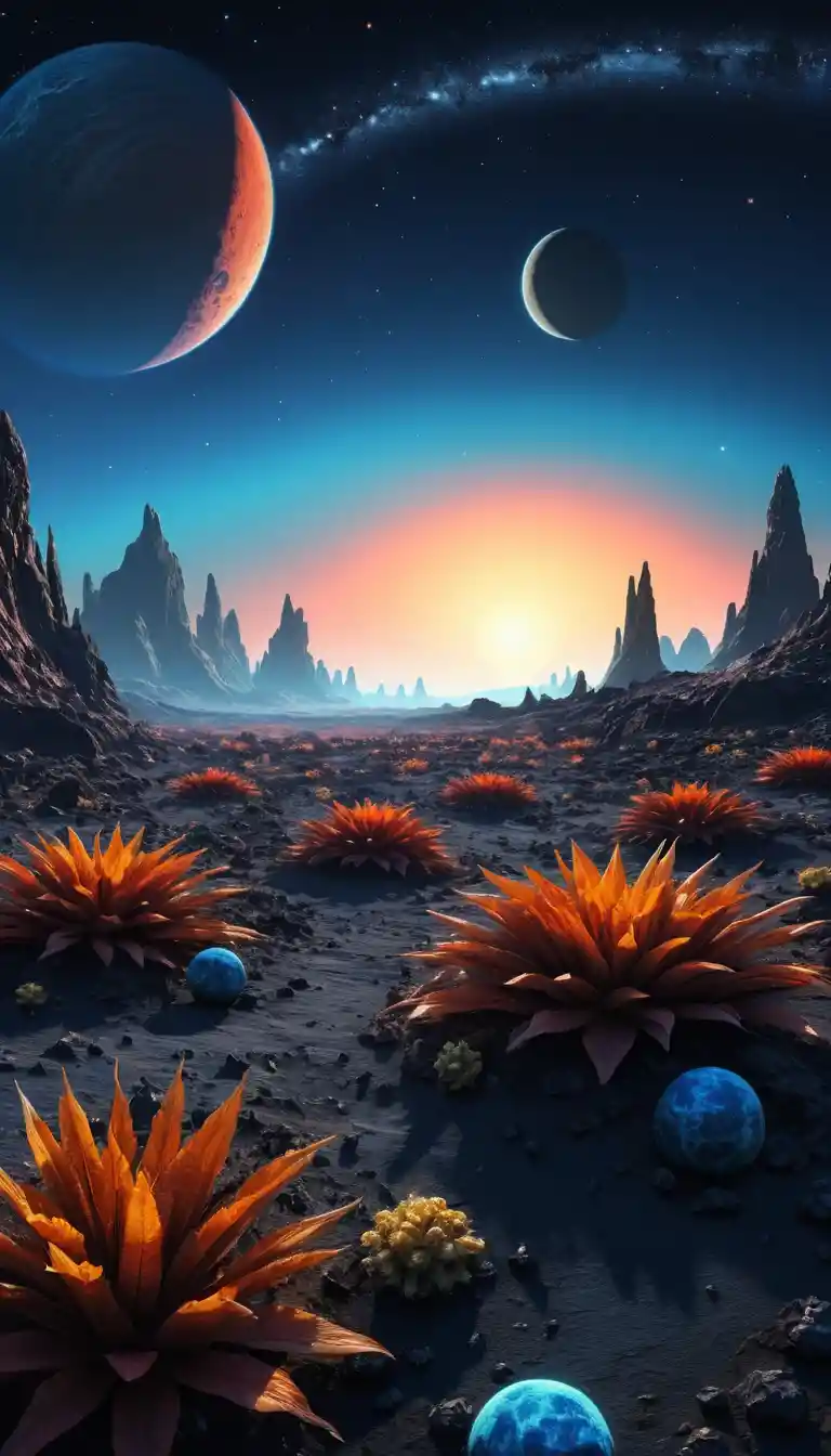 奇妙な植物が異星の惑星で青い日の出の方を向く