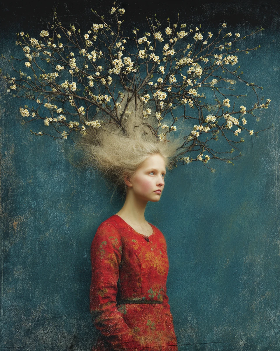 Une jeune fille blonde et un arbre en fleurs dans une scène peinte et fantaisiste