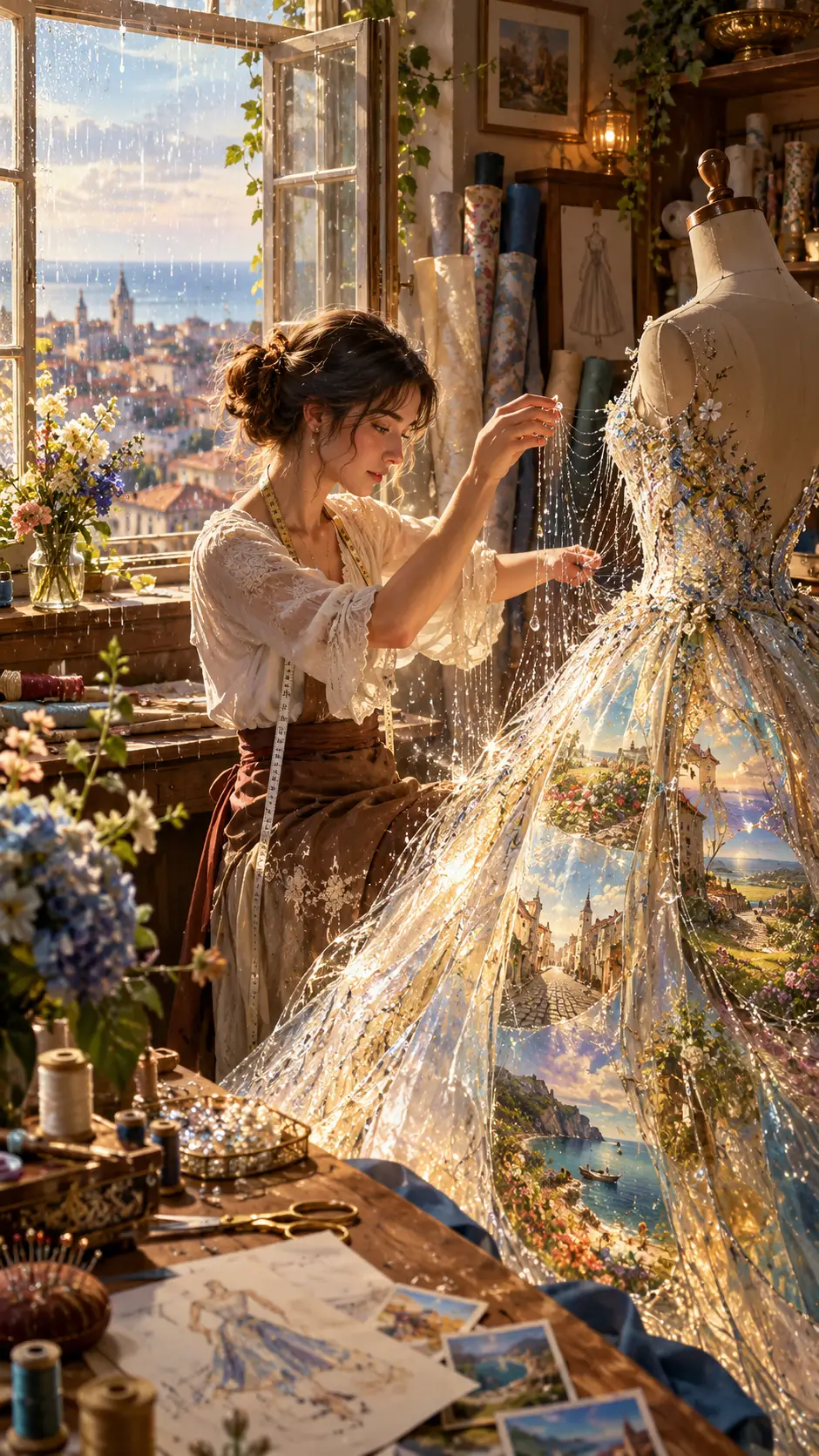 Uma costureira tece a chuva que cai em um vestido em seu ateliê