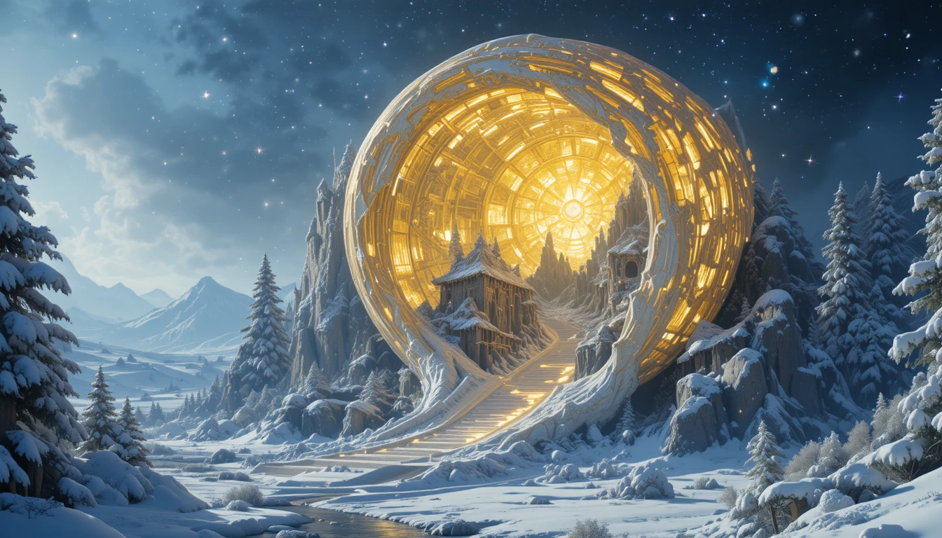Uma paisagem de inverno sob as estrelas jorra de um brilhante diamante amarelo