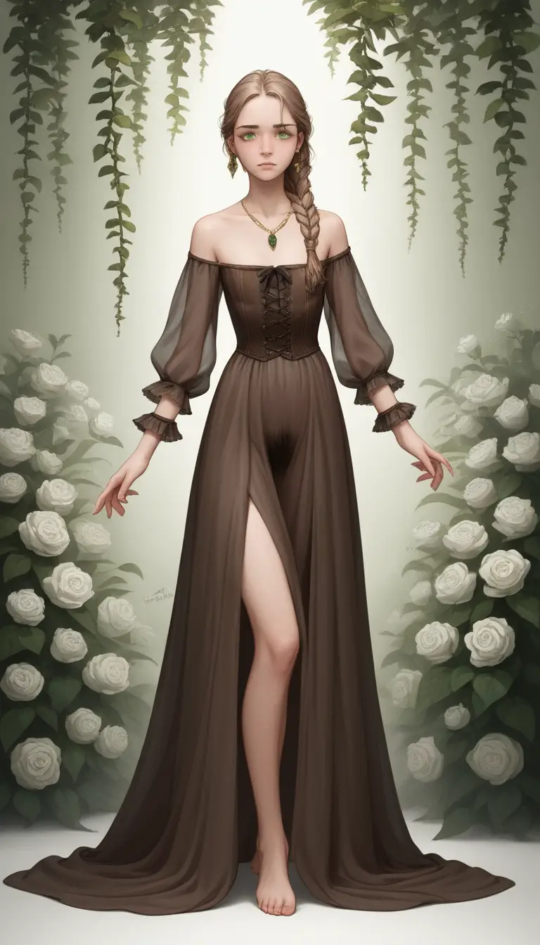 A Young Girl with Braided Hair Stands Among White Garden Roses