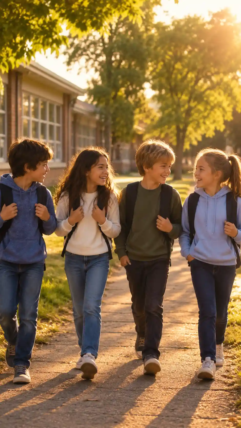 Schulfreunde lachen gemeinsam auf einem ruhigen Weg nach dem Unterricht